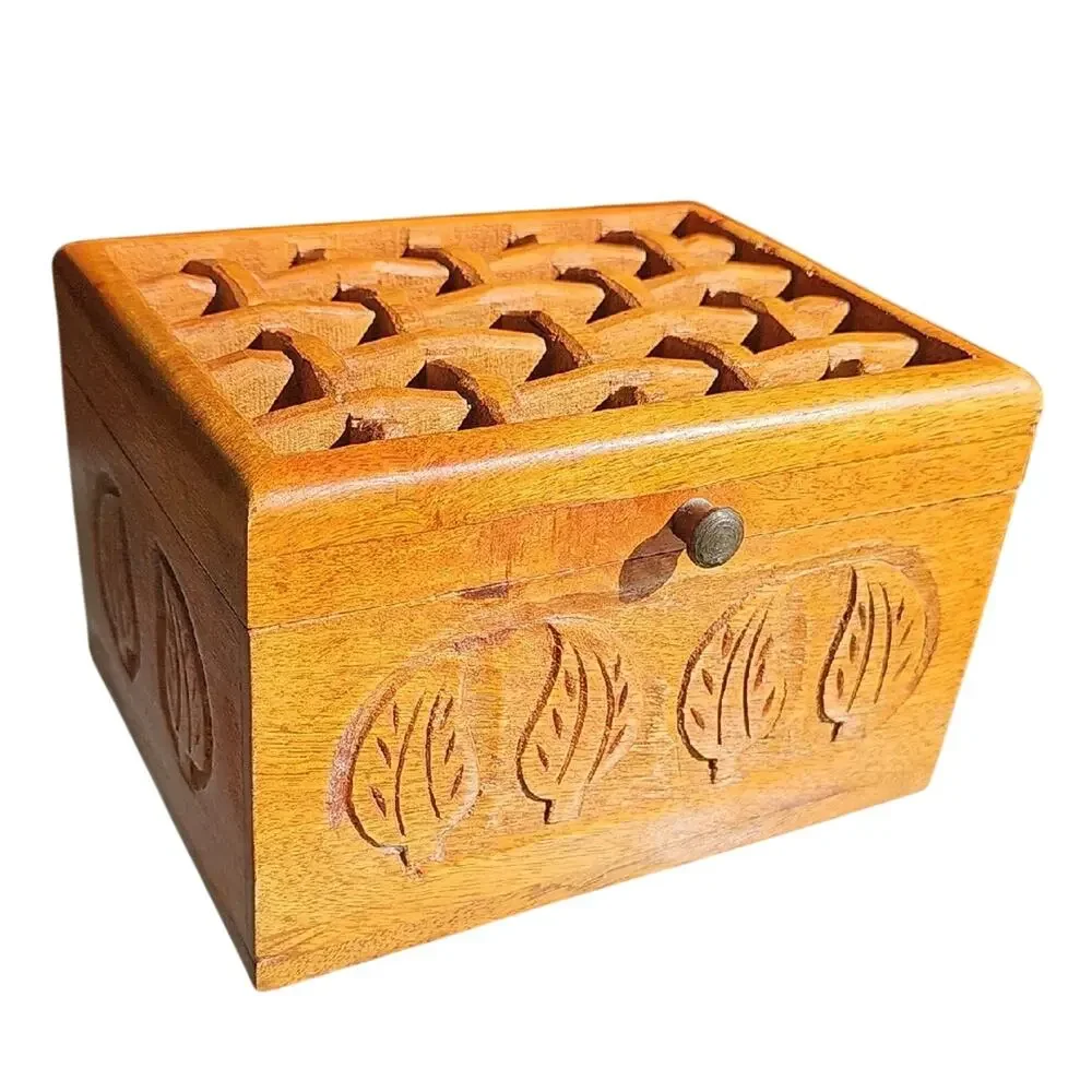 Handcrafted in India Wooden Box with Leaf Motif Open Weave Lattice Design on Lid